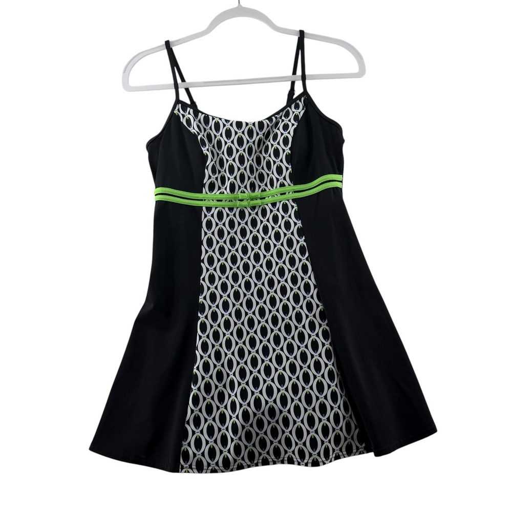 A Shore Fit Geometric Swimdress Womens 8 Adjustable Strap Black Green Minimalist